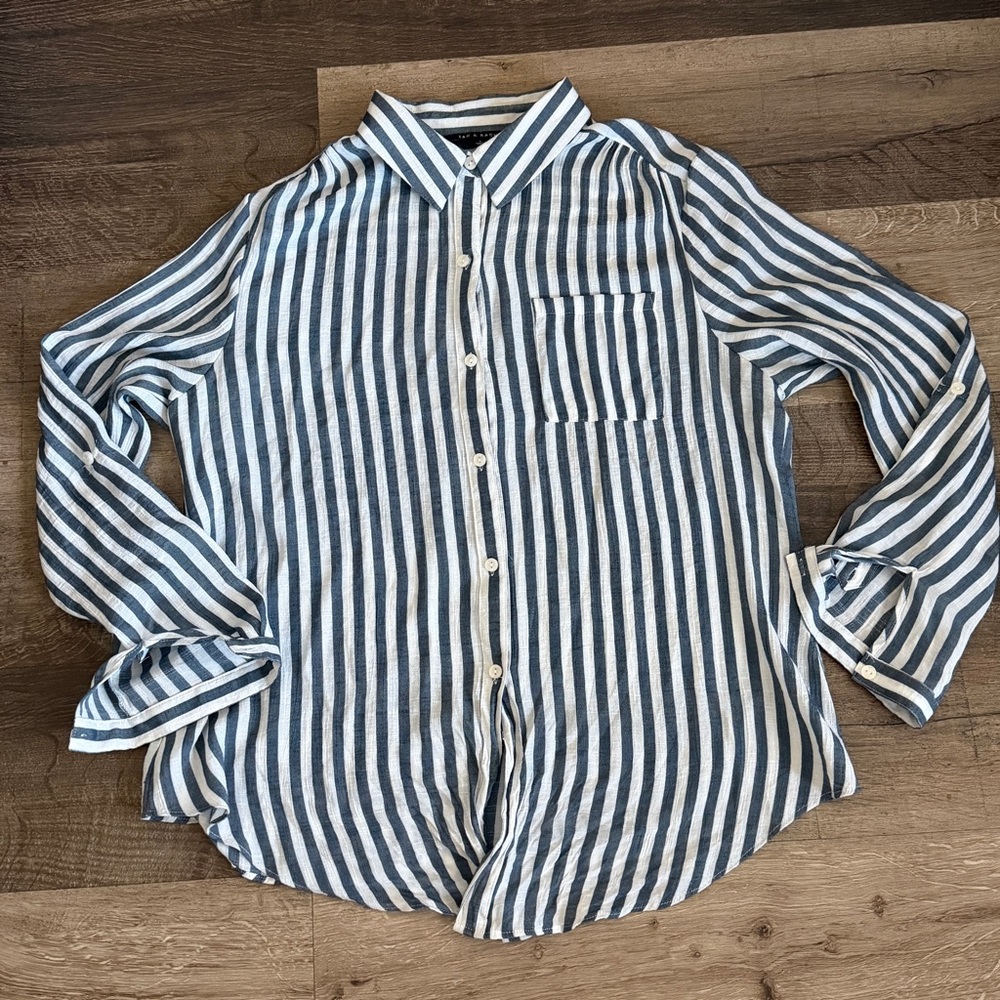 Zac and Rachel Grayish and White Striped Long Sleeve Button Down Shirt Size L